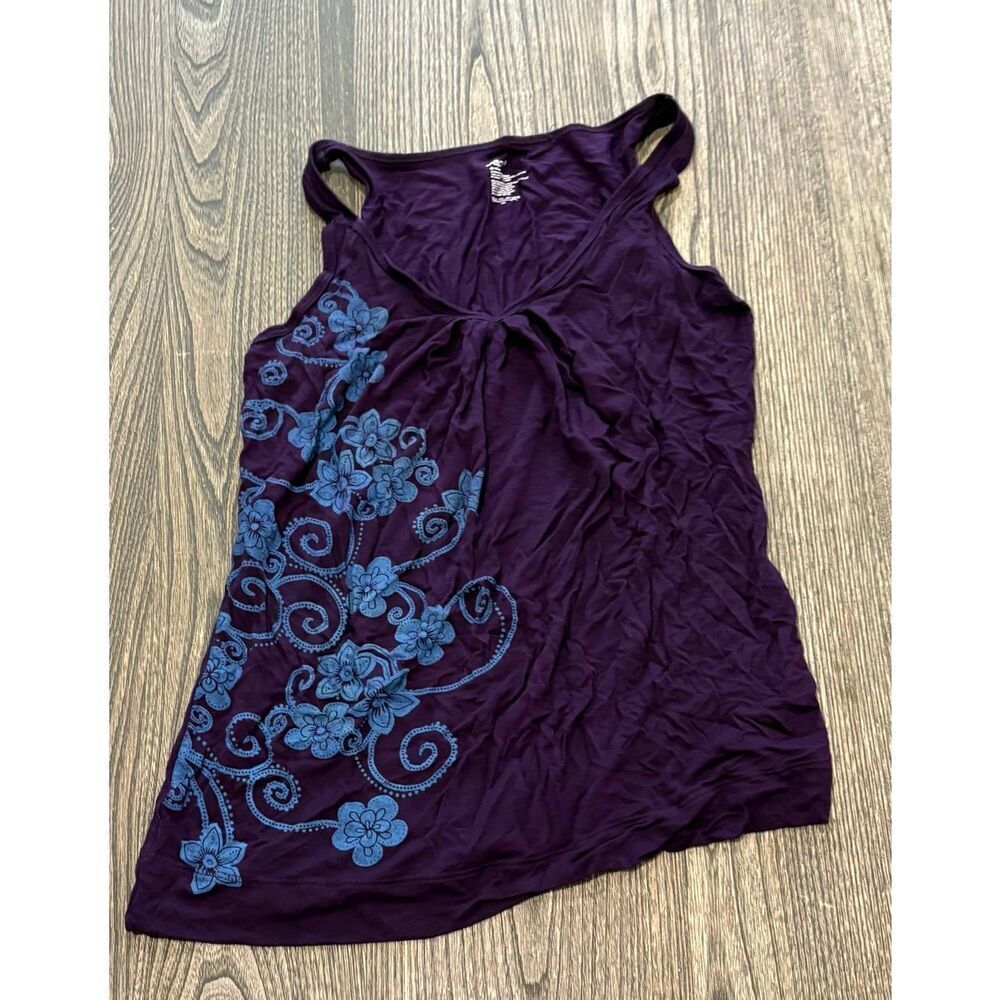 Gap Tank Top Floral Print Ruched Scoop Neck Rayon Pullover Purple/Blue Size S